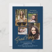 バジェットフォトコラージダークブルー卒業パーティー 招待状 (正面)