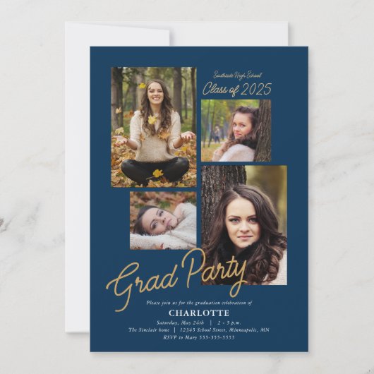 バジェットフォトコラージダークブルー卒業パーティー 招待状 (正面)