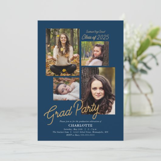 バジェットフォトコラージダークブルー卒業パーティー 招待状 (スタンド正面)