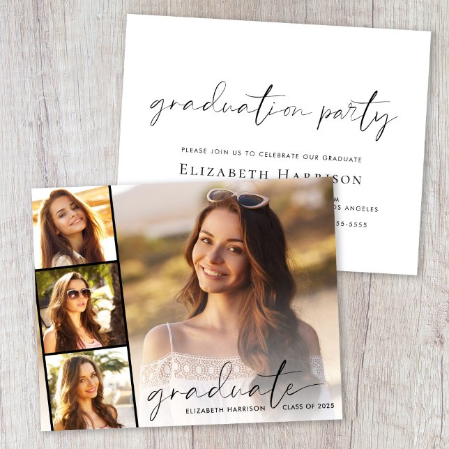 バジェットフォトストリップ卒業パーティー招待状 (A personalized photo graduation party invitation to celebrate the graduate's achievements)