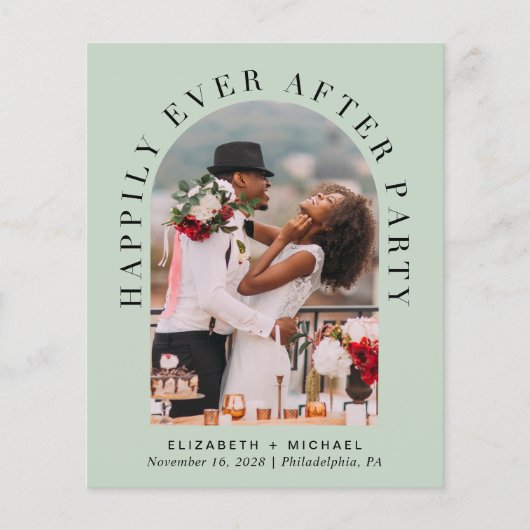 バジェットフォトセージ緑のウェディングレセプション招待状 (正面)