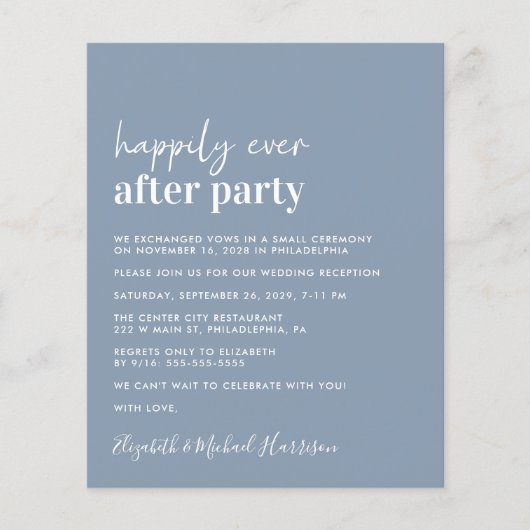 バジェットフォトダスティブルーウェディングレセプション招待状 (正面)
