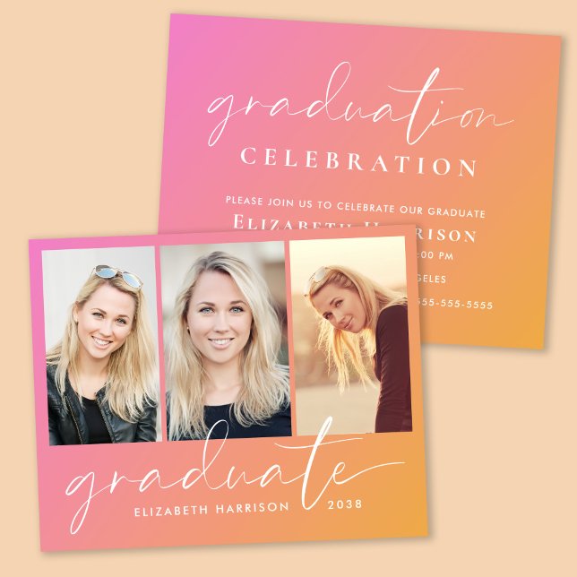 バジェットフォトピンクオレンジ卒業パーティー招待状 (A fun and modern photo collage graduation party invitation to celebrate the graduate's achievements)