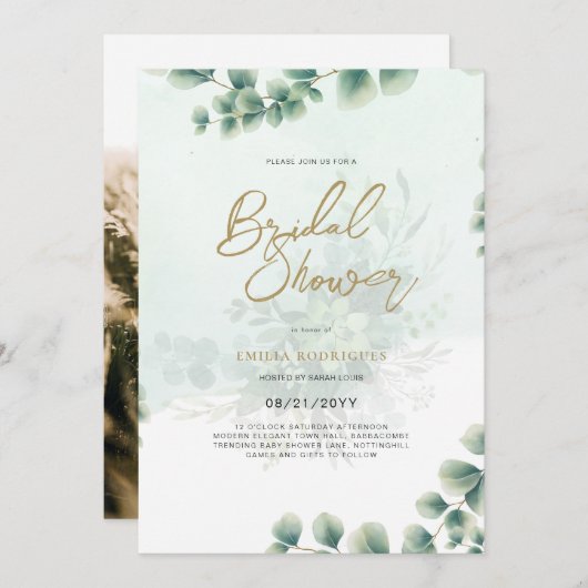 バジェットフォトブライダルシャワー招待リーフ素朴 招待状 (正面/裏面)