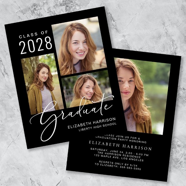 バジェットフォトブラック卒業パーティー招待状 (A personalized photo graduation party invitation to celebrate the graduate's achievements)