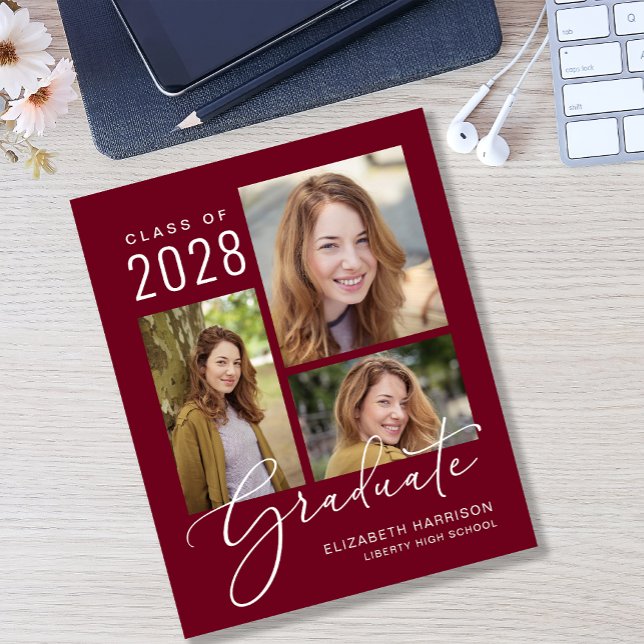バジェットフォトブルゴーニュ卒業発表 (An elegant photo collage graduation announcement to celebrate the graduate's achievements)