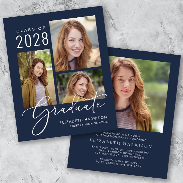 バジェットフォトブルー卒業パーティー招待状 (A personalized photo graduation party invitation to celebrate the graduate's achievements)