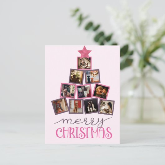 バジェットフォトメリークリスマスピンクのクリスマス ポストカード (スタンド正面)