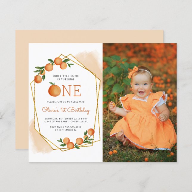 バジェットフォトリトルかわいこちゃん1st誕生日招待状 (正面/裏面)