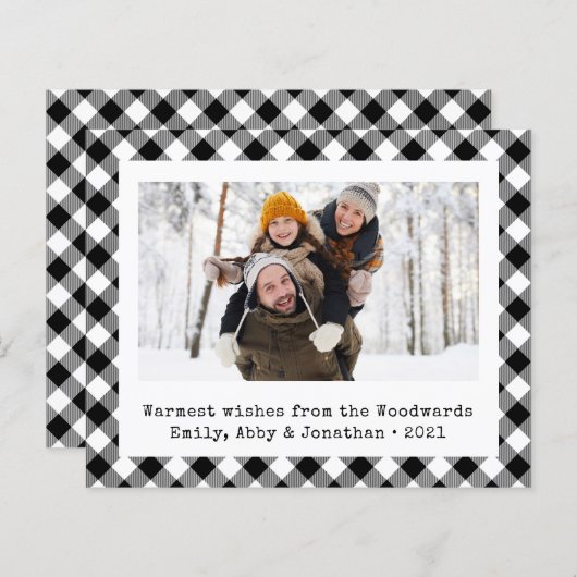 バジェットフォト白黒プレイドホリデーカード (正面/裏面)
