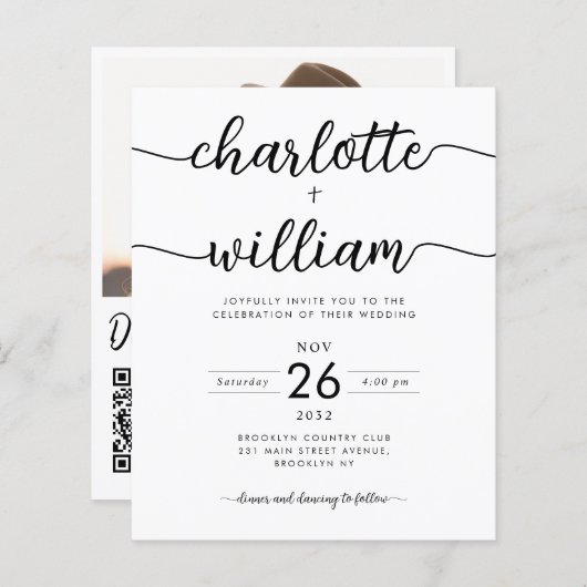 バジェットフォト詳細QRウェブサイト結婚式招待状 (正面/裏面)