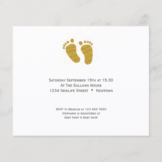 バジェットフォト金ゴールドグリッターベビーシャワー招待状 (裏面)