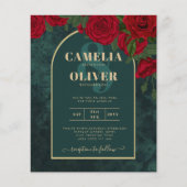 バジェットフォレストグリーンレッドローズウィンターウェディング招待状 (正面)