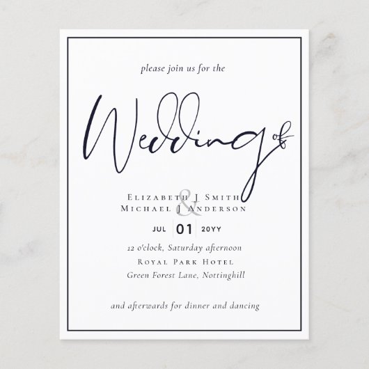 バジェットフライヤー紙ミッドナイトブルーウェディング招待状 チラシ (正面)