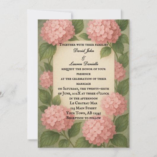 バジェットフレンドリーピンクアジサイの写真結婚の数 招待状 (正面)