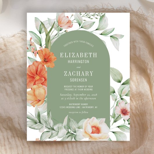 バジェットフローラアーチセージピーチ結婚式招待状