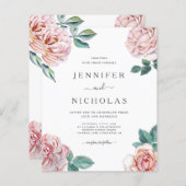 バジェットフローラバラピンクペオニー結婚式招待状 (正面/裏面)