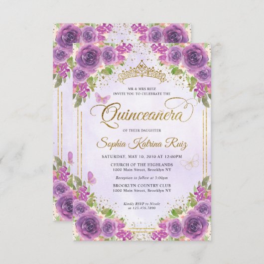 バジェットフローラパープルグラム金ゴールドグリッターキンセアニラ ノートカード (正面/裏面)