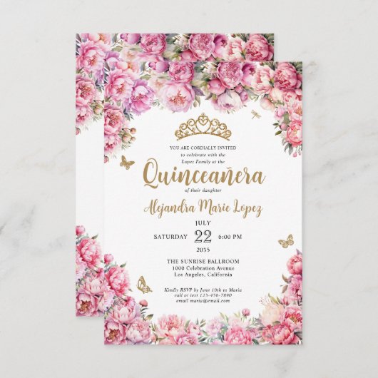 バジェットフローラピンク金ゴールドグリッターティアラキンセアニラ ノートカード (正面/裏面)