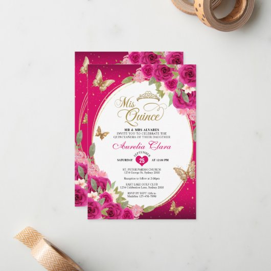 バジェットフローラピンク金ゴールドバタフライミーキンセアニラ ノートカード (正面/裏面インサイチュ)