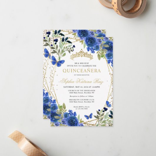 バジェットフローラブルー金ゴールドティアラキンセアニラ招待状 ノートカード (正面/裏面インサイチュ)