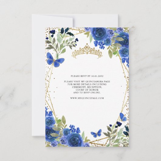 バジェットフローラブルー金ゴールドティアラキンセアニラ招待状 ノートカード (裏面)