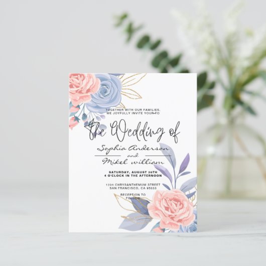 バジェットフローラブルー&ピンクゴールデン結婚式招待状 (スタンド正面)