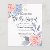 バジェットフローラブルー&ピンクゴールデン結婚式招待状 (正面)