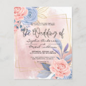 バジェットフローラブルー&ピンクブラシ結婚式招待状 (正面)