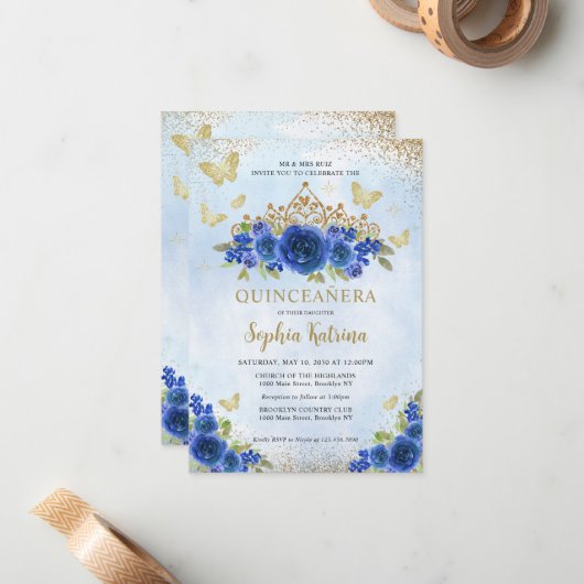 バジェットフローラ王室のブルー金ゴールドティアラキンセアニラ ノートカード (正面/裏面インサイチュ)