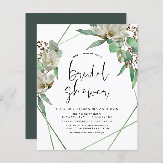 バジェットブライダルシャワーグリーナリーマグノリア招待状 (正面/裏面)