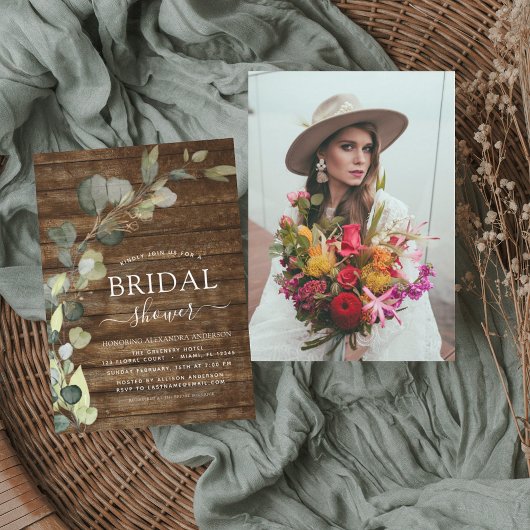 バジェットブライダルシャワーフォト素朴ウッド招待状 チラシ
