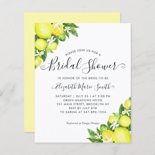 バジェットブライダルシャワーレモンシトラスシック招待状 (正面/裏面)