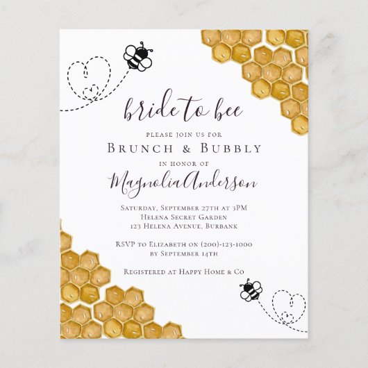 バジェットブライドへBeeブライダルシャワーへの招待 (正面)