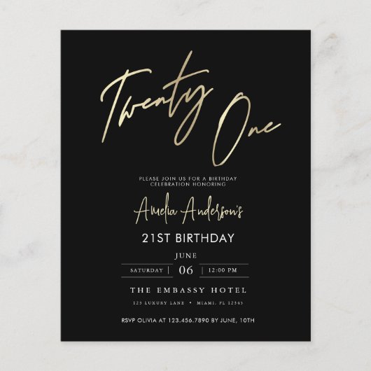 バジェットブラックと金ゴールドスクリプト21st Birthday チラシ (正面)