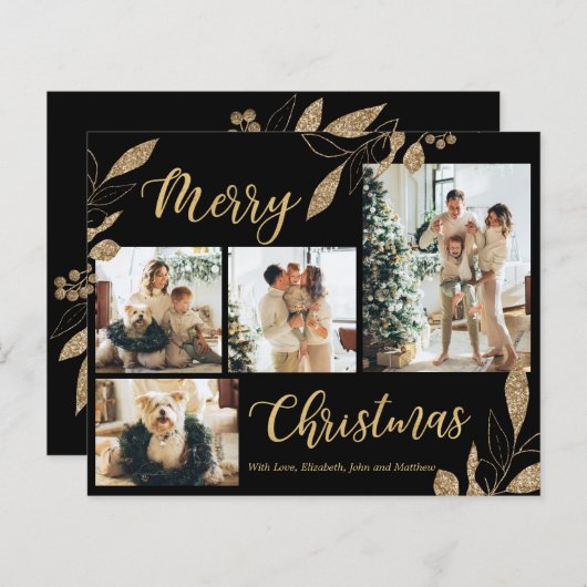 バジェットブラックと金ゴールドフォトコラージクリスマスカード (正面/裏面)