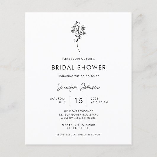 バジェットブラックアンドホワイトフローラブライダルシャワー招待状 チラシ (正面)