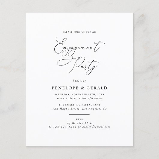 バジェットブラックアンドホワイト婚約パーティ招待状 (正面)