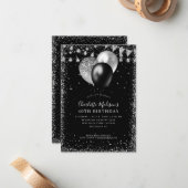 バジェットブラックシルバーグリッターバルーンライト誕生日 ノートカード (正面/裏面インサイチュ)