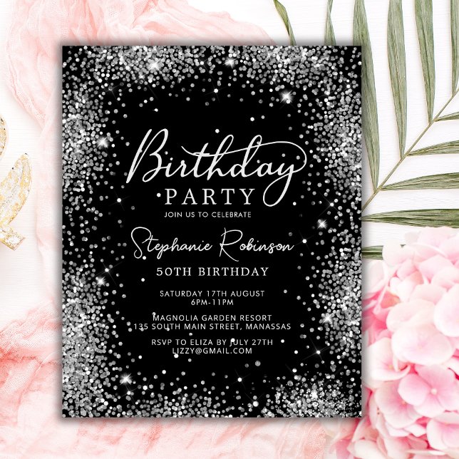 バジェットブラックシルバーグリッター50th誕生日招待状 (クリエイターアップロード済み)