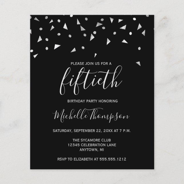 バジェットブラックシルバー50th誕生日パーティーの招待状 (正面)