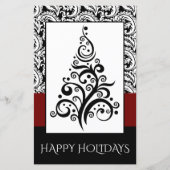 バジェットブラックダマスククリスマスツリーホリデーカード (正面)
