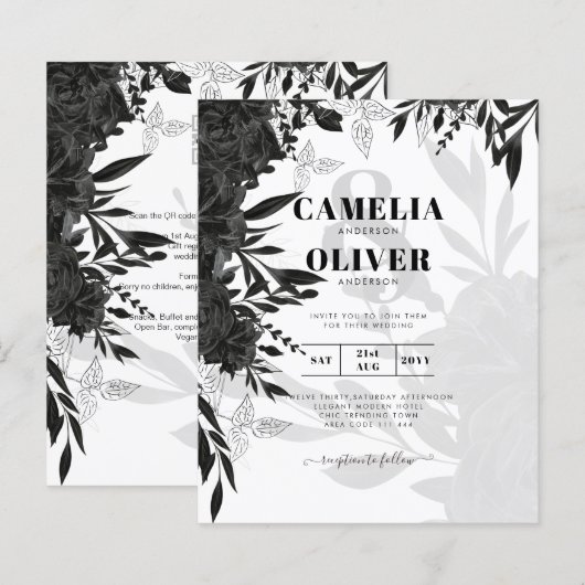 バジェットブラックバラエレガントホワイトウェディング招待 (正面/裏面)