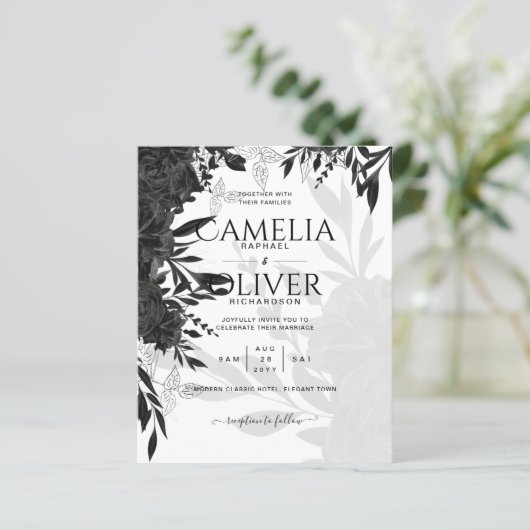 バジェットブラックバラエレガントホワイトウェディング招待 (スタンド正面)