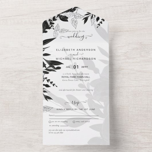 バジェットブラックバラエレガントホワイトウェディング招待 オールインワン招待状 (内側)