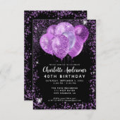 バジェットブラックパープルグラムグリッターバルーン誕生日 ノートカード (正面/裏面)