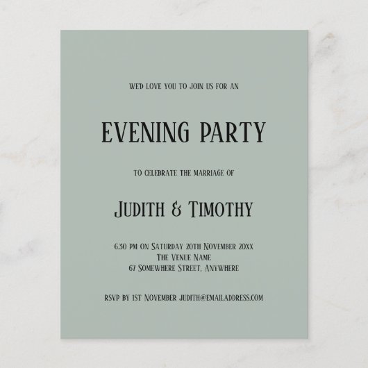 バジェットブラック文字セージグリーン夕べパーティー招待状 (正面)