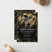 バジェットブラック金ゴールドグリッターバルーンエイジ誕生日 ノートカード (正面/裏面インサイチュ)