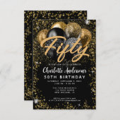 バジェットブラック金ゴールドグリッターバルーンエイジ誕生日 ノートカード (正面/裏面)