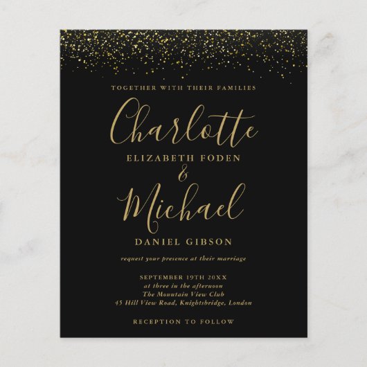 バジェットブラック金ゴールドグリッターフォトウェディング招待 (正面)